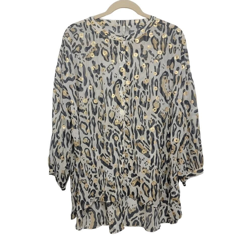 Cato Fancy Party Animal Print Sheer Blouse Cream Brown Size 22